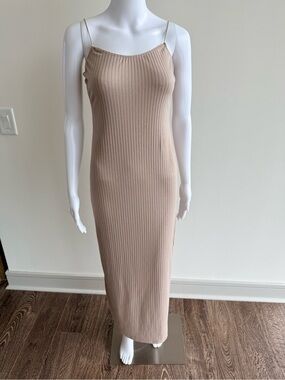 PrettyLittleThing Beige Ribbed Spaghetti-Strap Maxi Dress